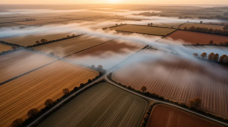 An aerial view of cultivated farmland where rolling fog drifts between hedgerows under a golden morning sky.