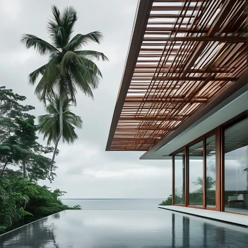 A modern island home opens to the sea with a deep wooden canopy shading glass walls above a still pool.