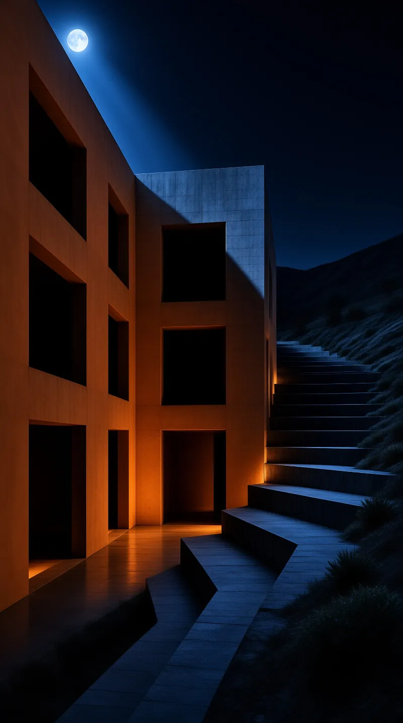 A long stone staircase rises beside a warm lit concrete building under a deep blue night sky and a bright full moon.