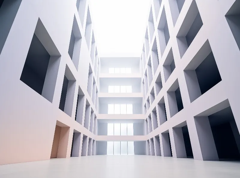 A bright minimalist white atrium rises in tiers, its walls carved with a grid of deep square recesses and tall windows