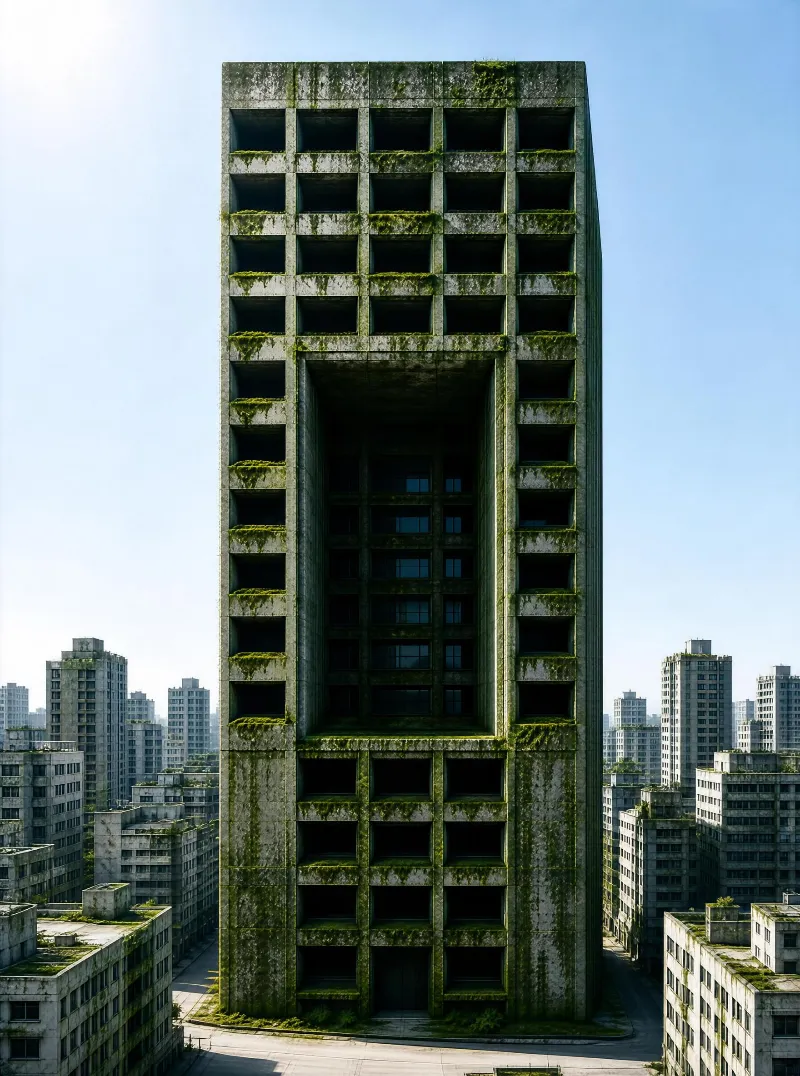 A tall concrete skyscraper covered in green moss stands in a cityscape with other buildings under a bright sun