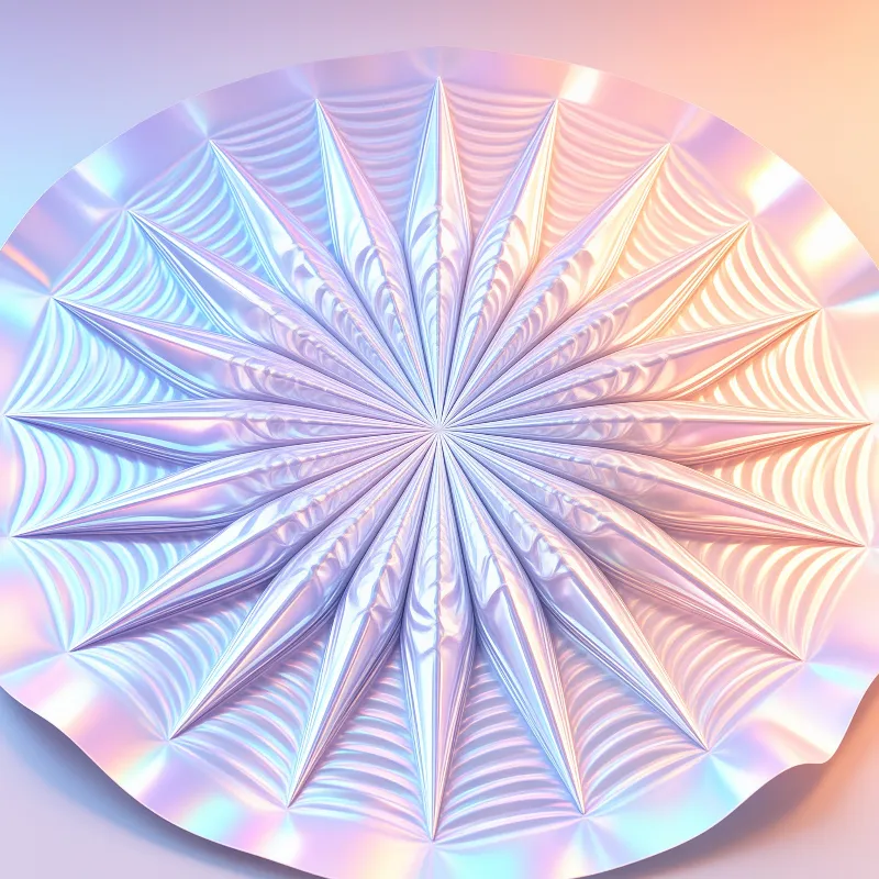 Symmetrical star shape of crumpled metal reflecting rainbow colors on a pastel background.