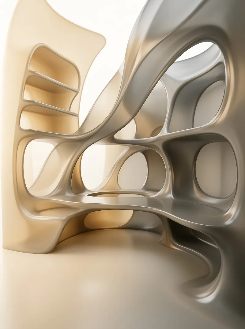 A close-up view of a smooth beige abstract form featuring organic holes and subtle surface highlights.