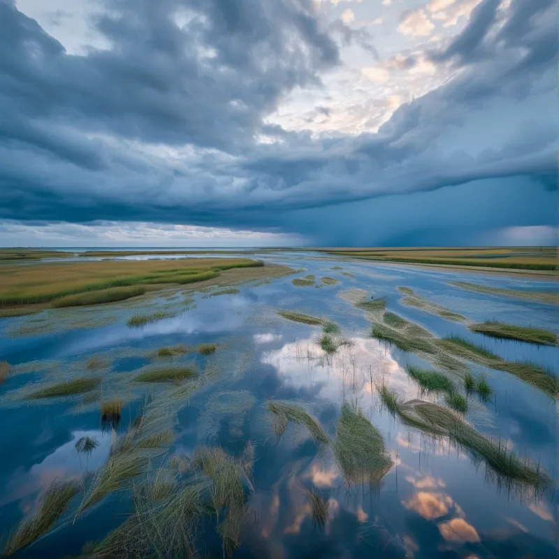 A vast wetland with green marshes and calm water reflecting a dramatic cloud-filled sky during twilight