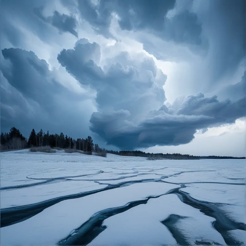 Dark storm clouds press over a snowbound lake where braided meltwater cuts blue ribbons through the ice.