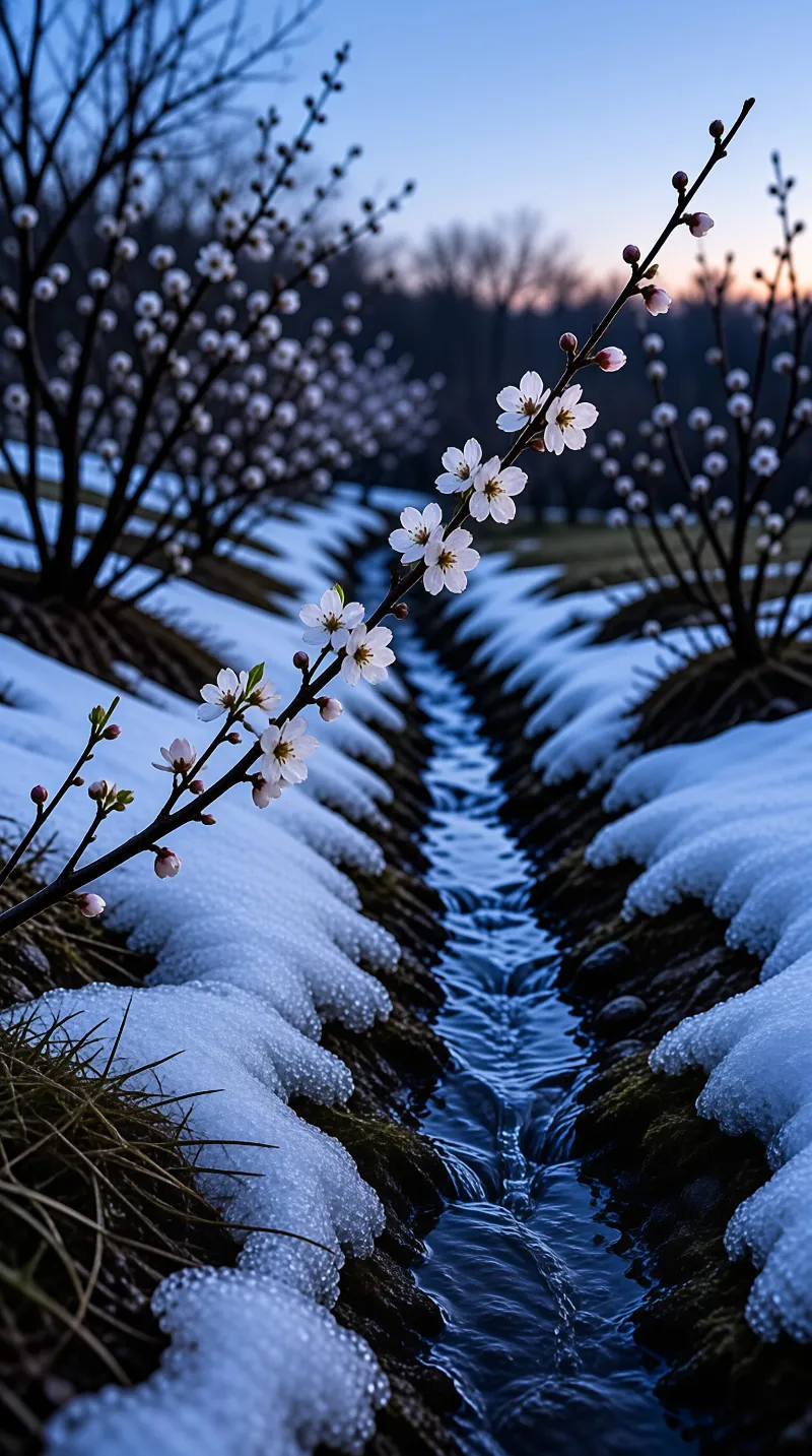 White blooms on a dark branch hang over a narrow stream threading between rounded snow banks at dusk.