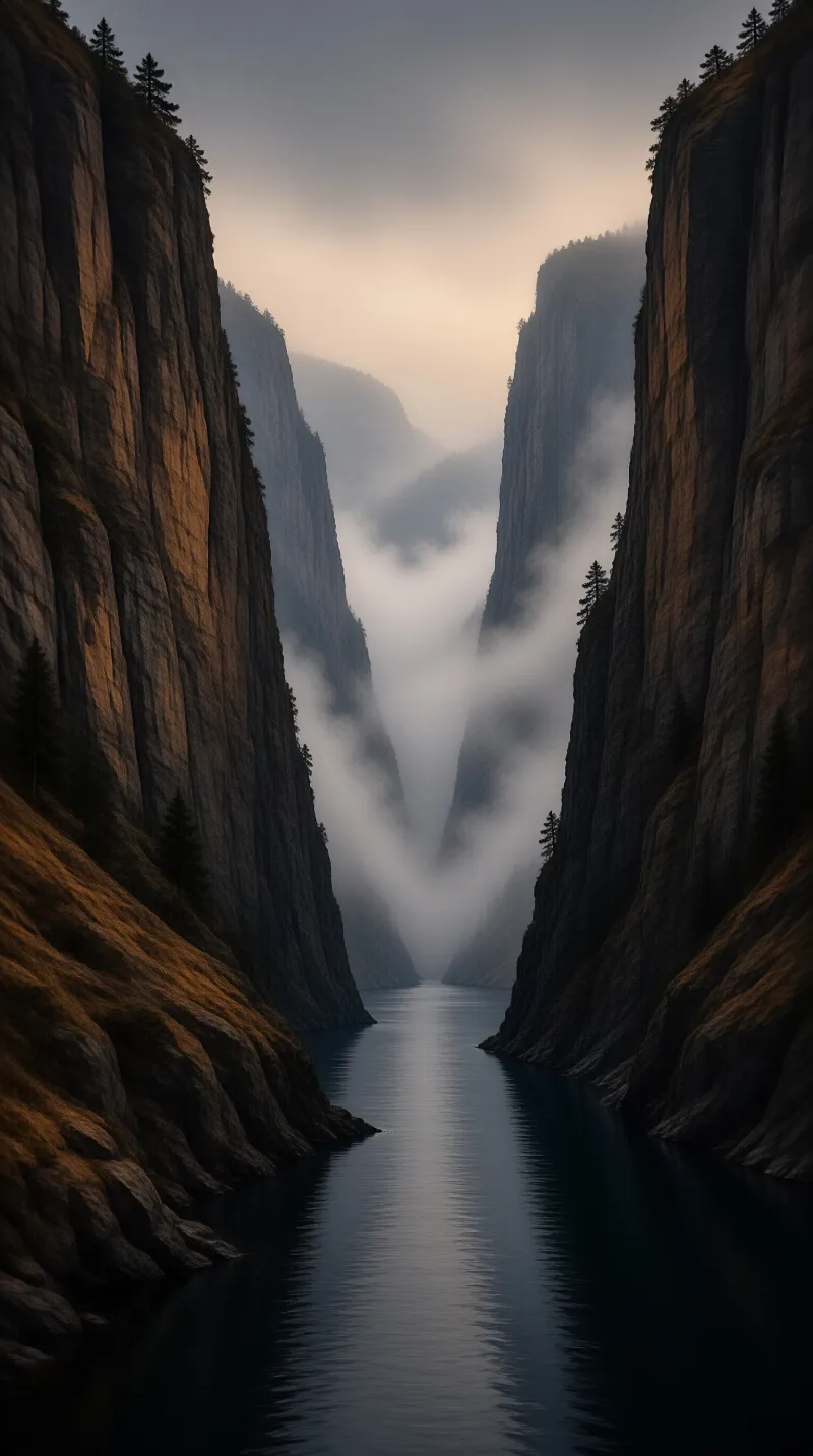 A calm river flows between steep rocky walls while thick fog fills the distance under a pale sky.