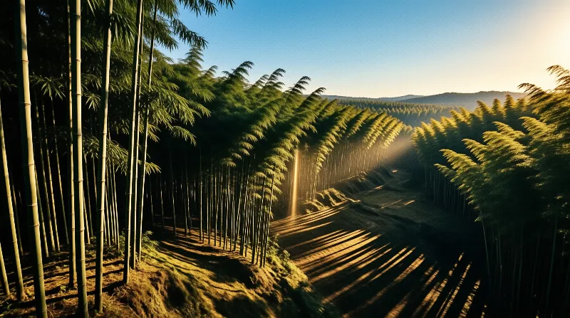 Tall green bamboo trees line a valley while golden sunbeams cut through the canopy casting long shadows on the ground.