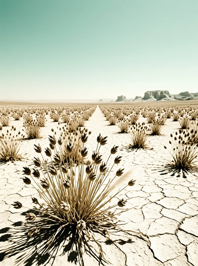 Rows of dried vegetation spread across cracked earth with distant rock formations under a pale blue sky.