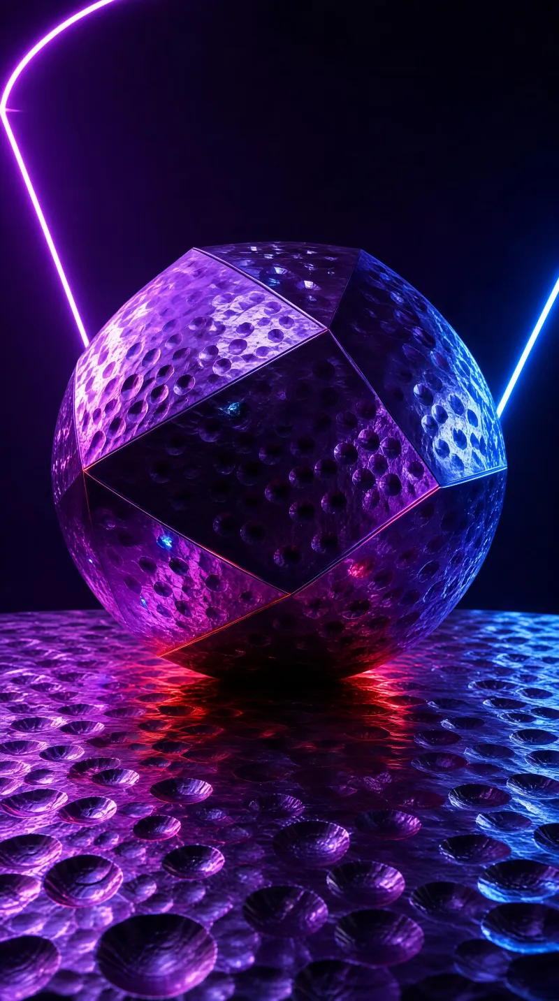 A geometric polyhedral sphere with a perforated surface rests on a matching patterned ground, surrounded by purple and blue neon lights in a dark environment.