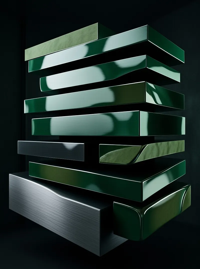 Vertical assembly of glossy green rectangular slabs above a brushed metal base in a shadowed space.