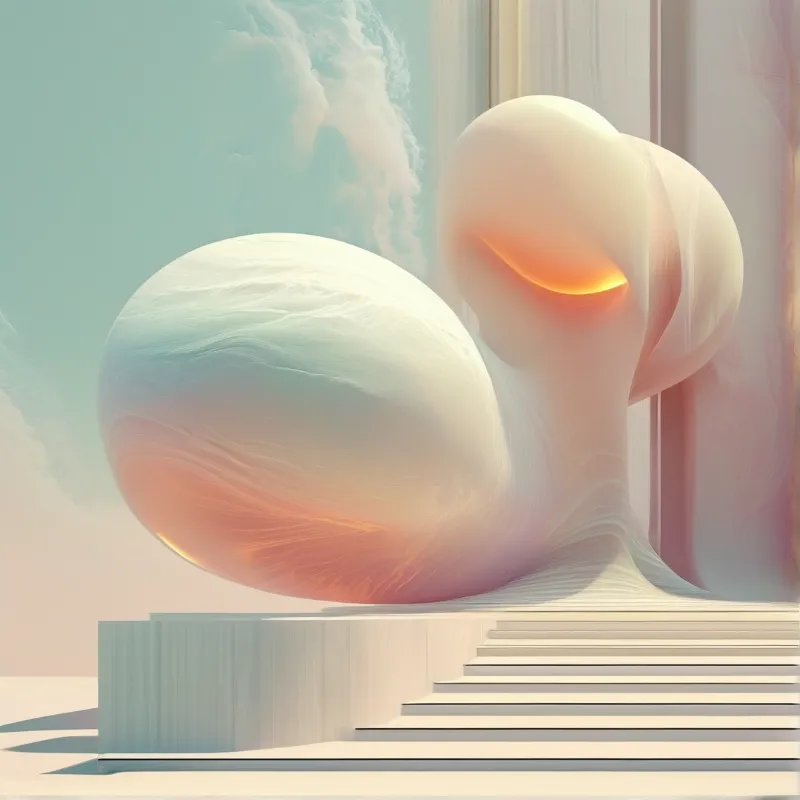 A large white organic form with a glowing orange slit rests on a white stepped base against a pale blue sky.