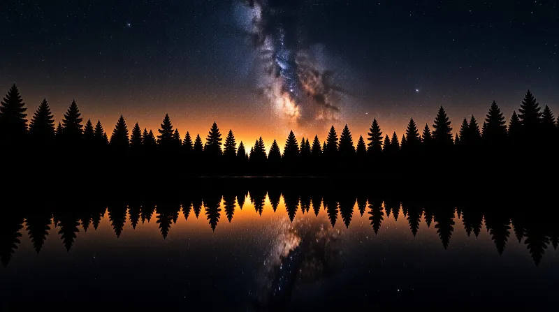 A calm lake reflects the Milky Way above a forest of evergreen trees against an orange-glowing horizon at night.