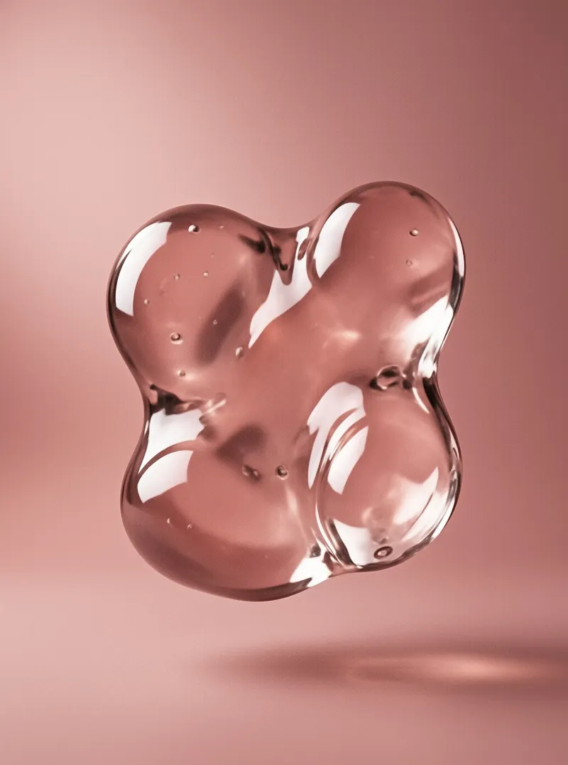 A glossy translucent four-lobed blob with trapped air bubbles floats against a smooth warm pink gradient.