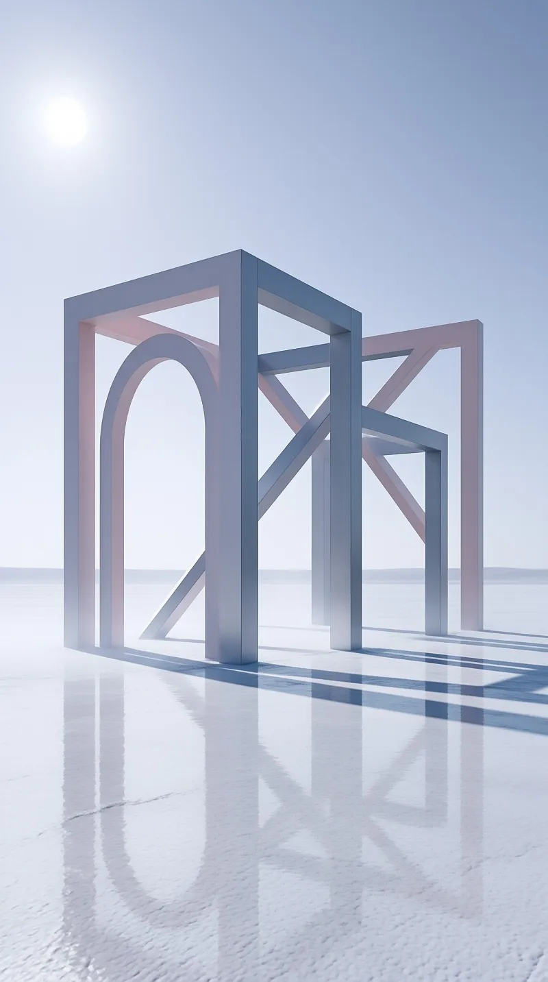 A collection of pink and grey geometric frames stands on a reflective white surface under bright sunlight.