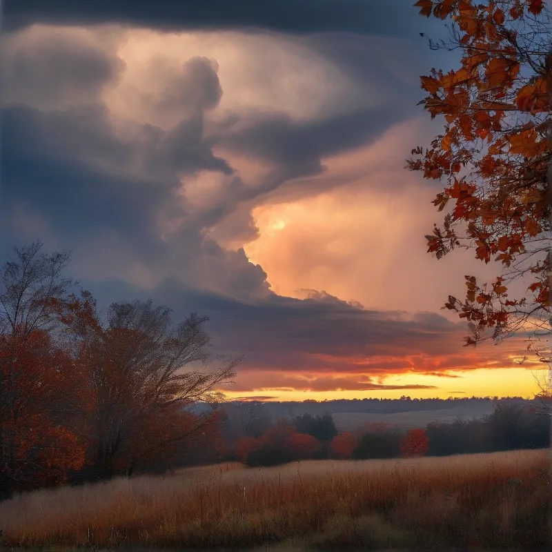 Orange autumn trees and golden grass fields sit beneath a vast sky of dark clouds pierced by bright sunset light.