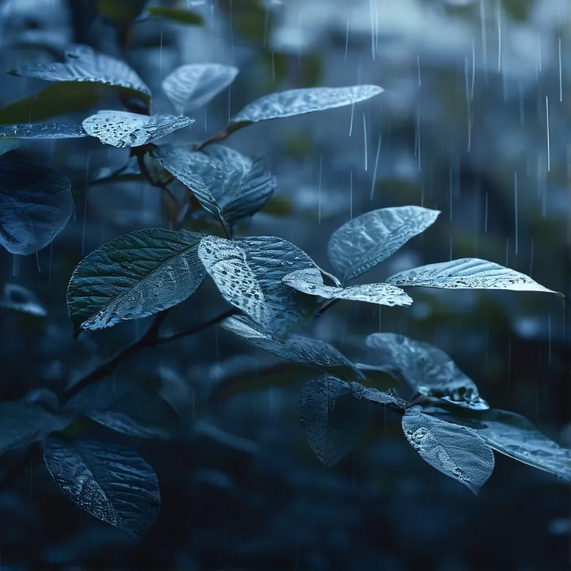 A close-up view of dark green leaves covered in water droplets while rain falls steadily around them creating a moody blue atmosphere with soft focus background.