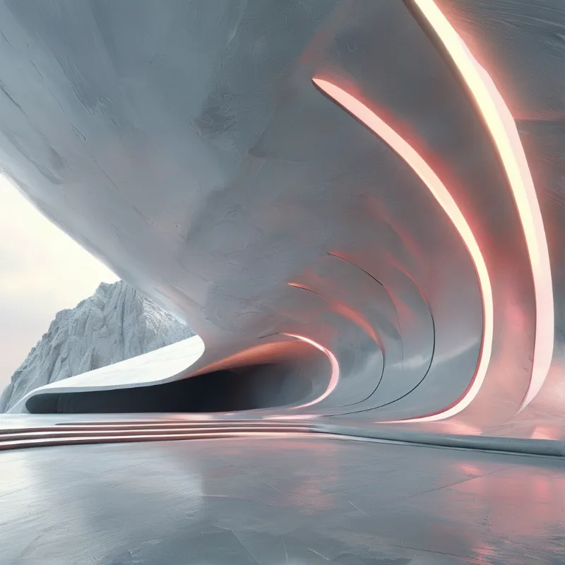 A large grey tunnel curves over a rocky mountain landscape featuring embedded glowing pink light strips along its edge.