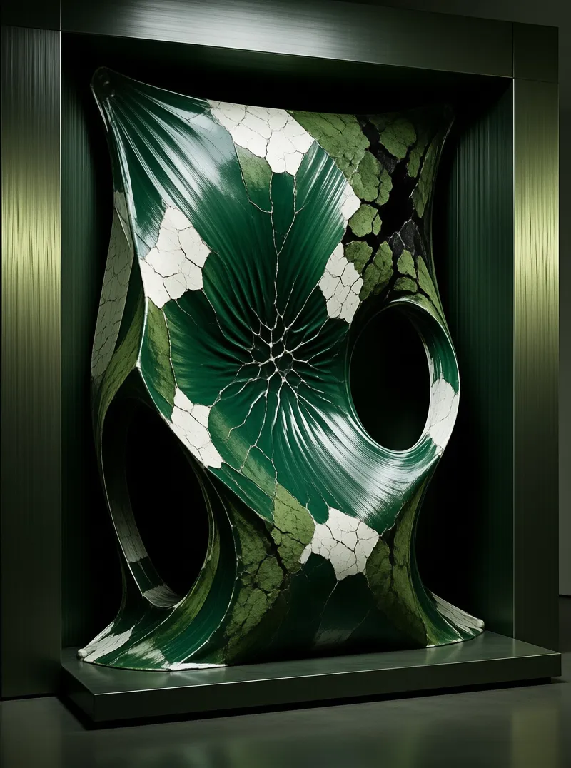 A large abstract form with deep green and white cracked textures sits inside a recessed wall niche under focused lighting.