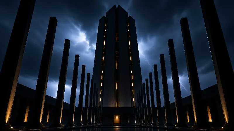 A colossal dark spire ringed by tapering pillars shows narrow amber windows beneath a lightning torn night sky.