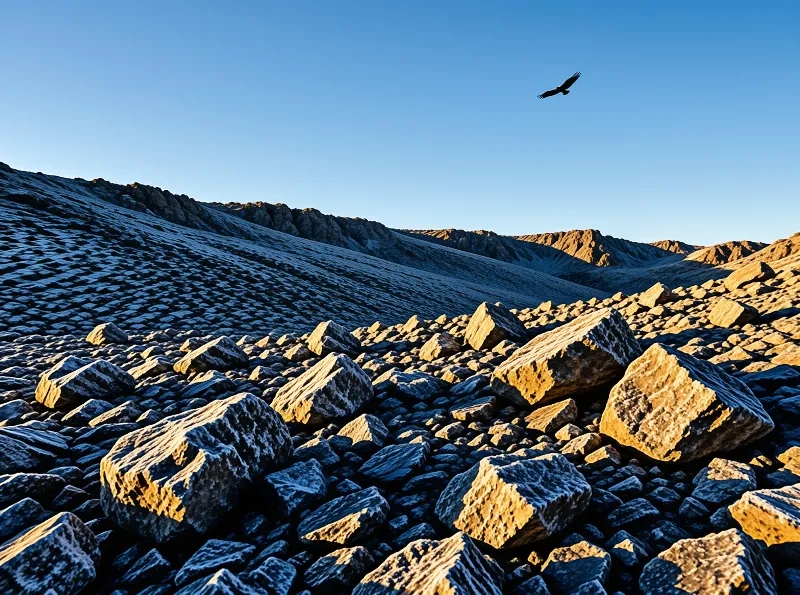 A raptor soars above a steep hillside covered in angular stones illuminated by warm sun against a vivid blue sky.