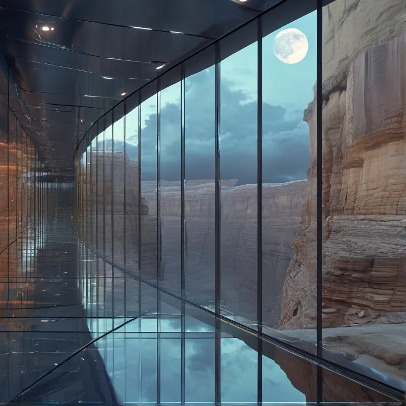 A sleek curved glass corridor extends over a massive rocky canyon beneath a dark sky featuring a bright full moon.