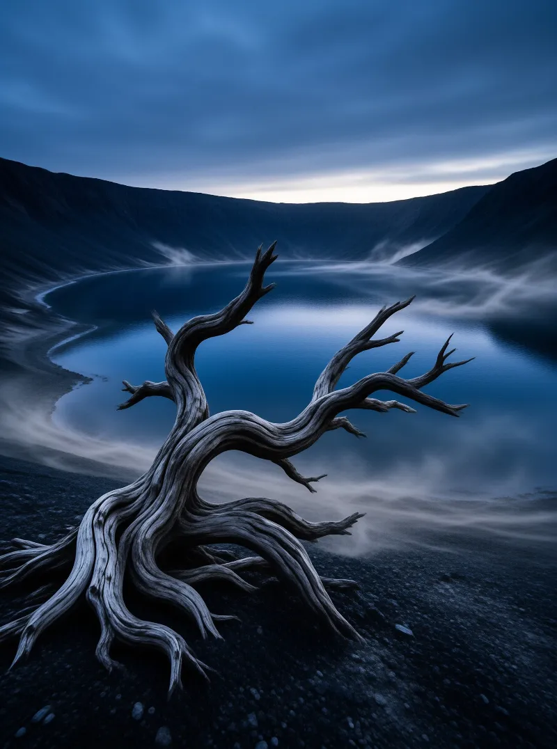 Misty Volcanic Lake Scene