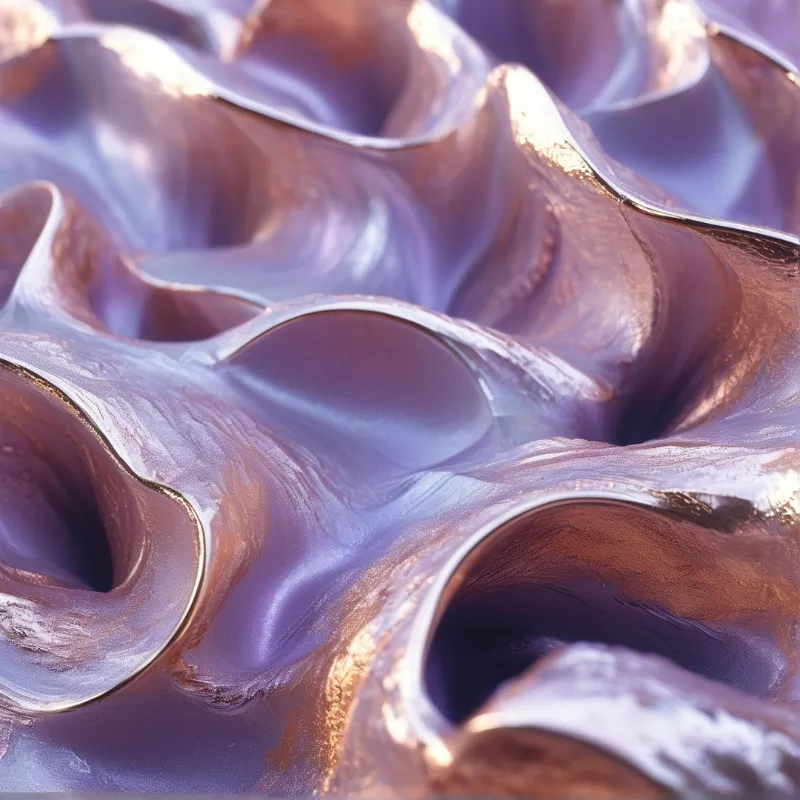 Abstract view of rippling metallic texture showing deep purple shadows and bright copper highlights.