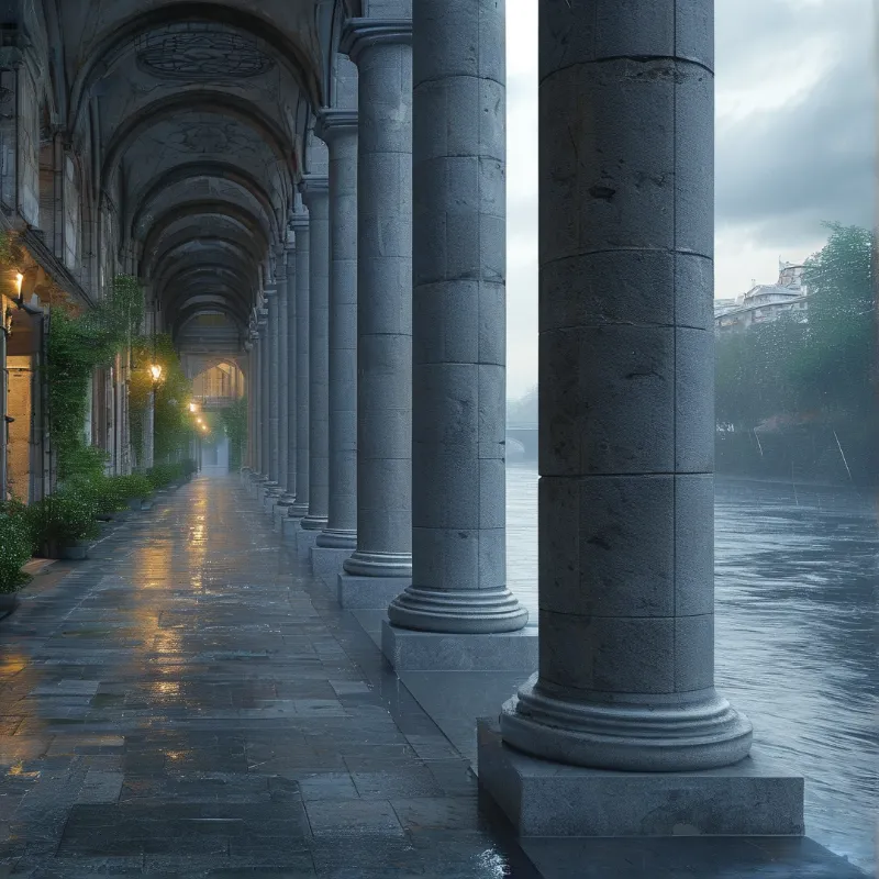 A stone colonnade lines a wet river path where foggy weather creates soft reflections on the ground.
