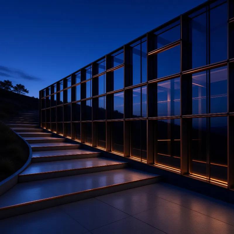 A large glass facade reflects the twilight sky while illuminated steps curve upward beside it.