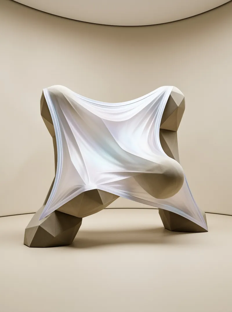 A pale angular stone block is stretched with a sheer glossy membrane in a round alcove.