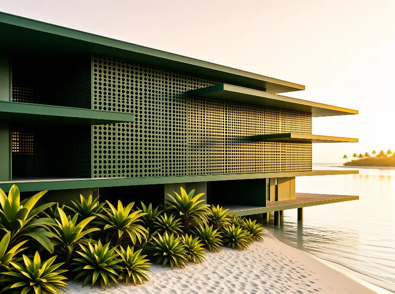 A contemporary pavilion featuring perforated metal cladding sits on stilts above a sandy shoreline bathed in warm sunlight.