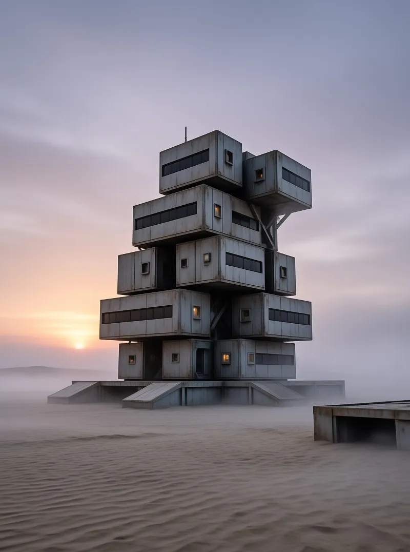 Weathered concrete pods stack into a lonely watchtower rising from wind rippled sand under a hazy sunrise.
