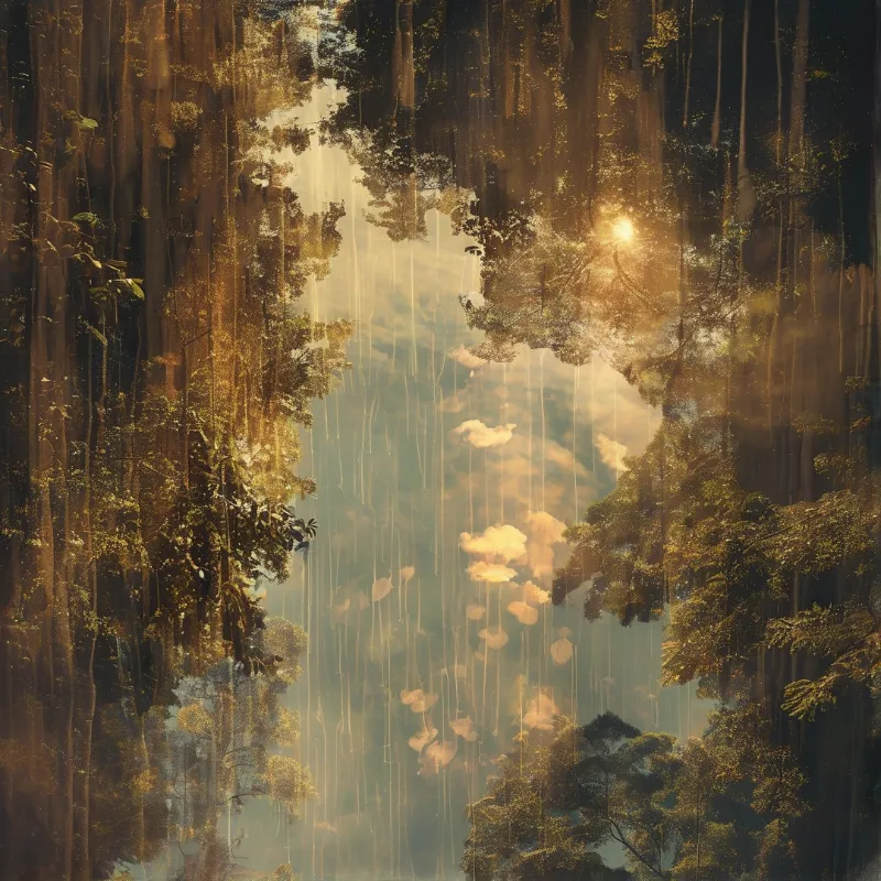 A dense woodland with tall vertical trunks frames a central view of clouds and warm sunlight filtering through the leaves.