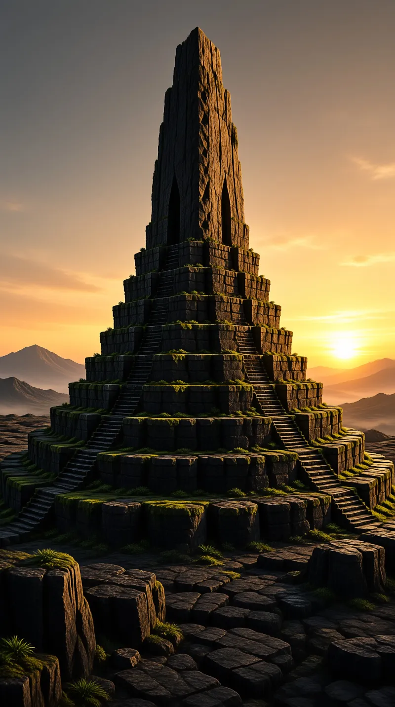 A towering stepped temple of dark stone blocks climbs through mossy terraces and stairways against a glowing sunset.