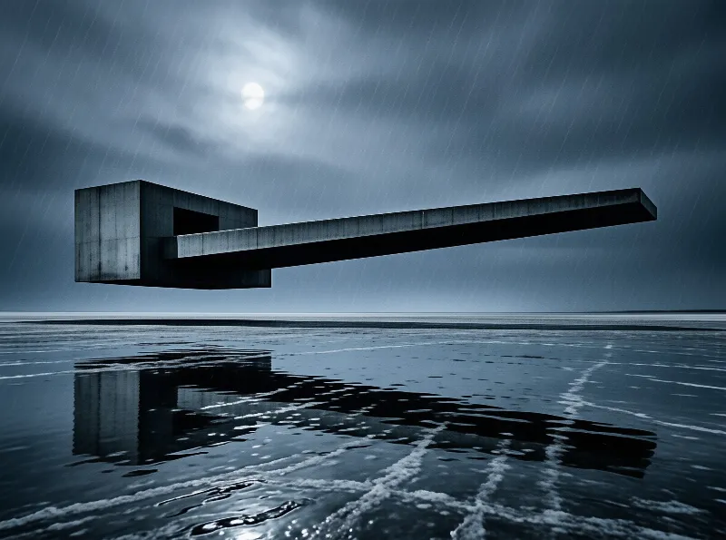 A brutalist concrete beam hovers above a reflective sea while rain streaks a stormy sky around a glowing moon.
