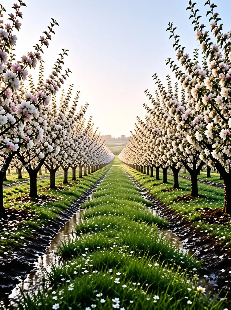 Long lines of blooming fruit trees stretch across a green orchard with irrigation ditches.