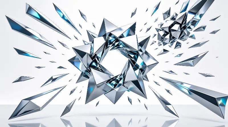 Blue crystal fragments explode outward from a central cluster across a bright white background with a reflective floor.