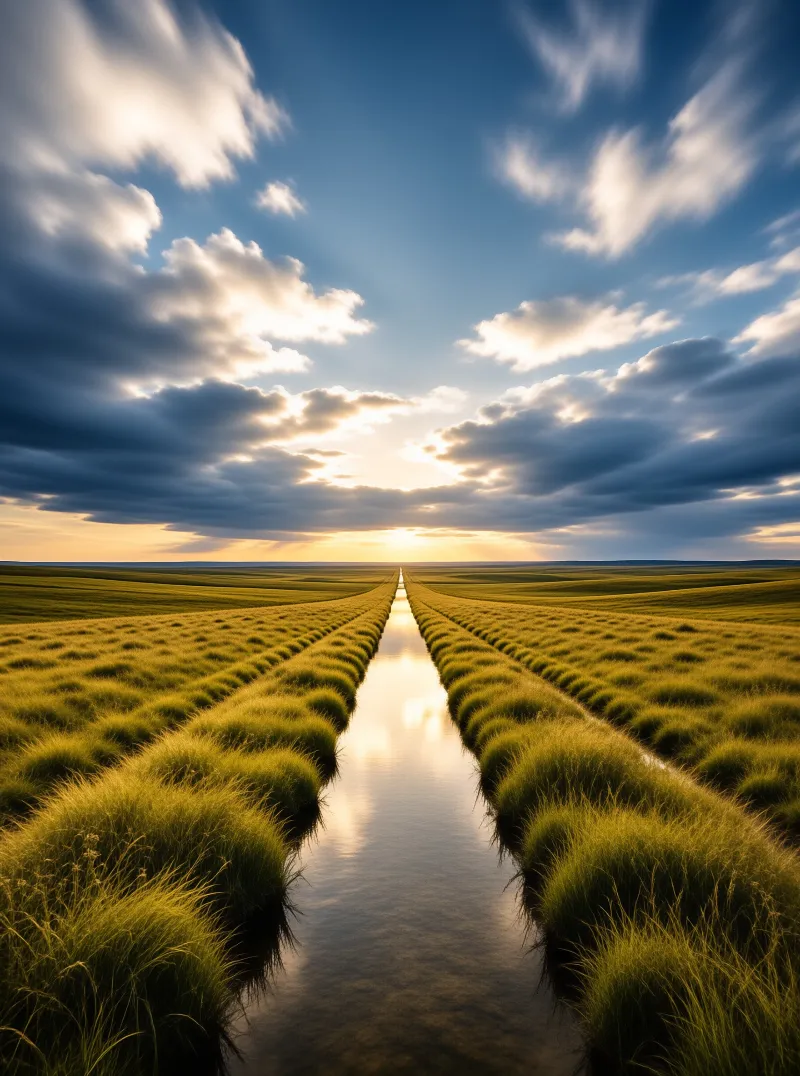 A narrow water channel runs through green grass fields toward a bright horizon under a vast sky with dramatic clouds.