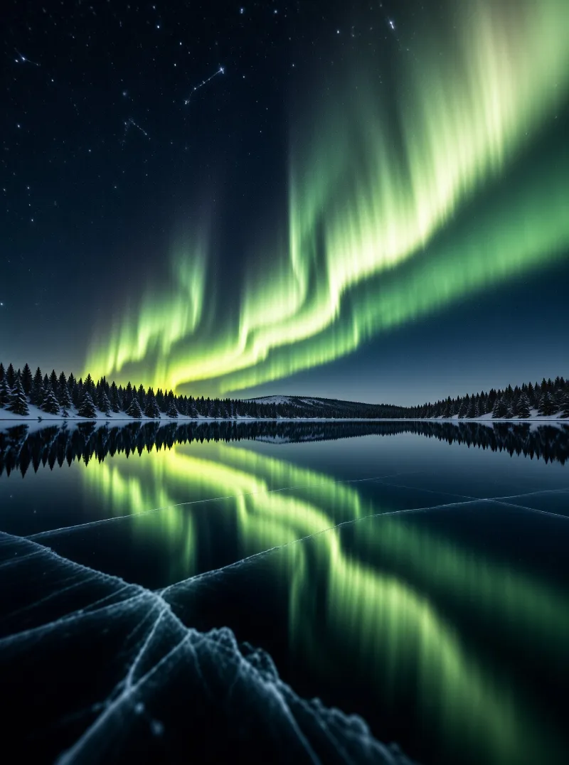 A vivid green aurora shines over a dark frozen lake reflecting its lights while cracked ice fills the foreground