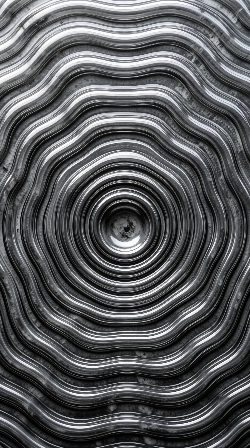 Black and white image showing concentric wavy lines radiating from a dark center like a vortex.
