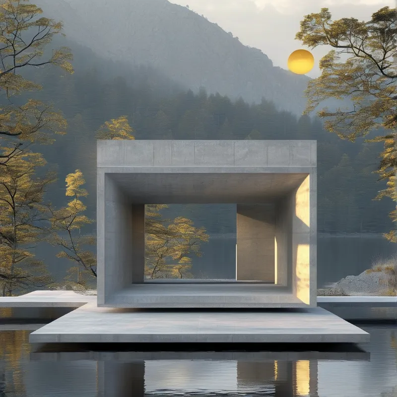 A minimalist concrete frame rests on a platform above calm water, backed by yellow trees and misty mountains.