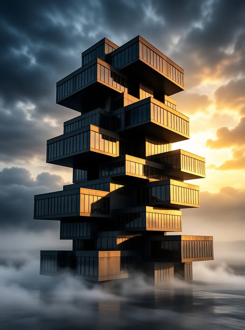 Cantilevered floors of a futuristic tower catch golden sunset light while fog drifts across its mirrored base
