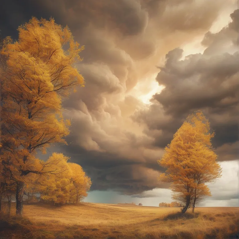 Yellow trees stand in a grassy field beneath heavy dark storm clouds with sunlight breaking through.