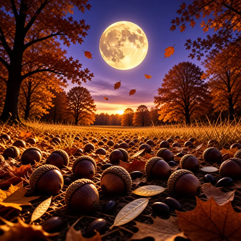 Rows of acorns lie on golden grass beside fallen maple leaves under a bright full moon and setting sun.