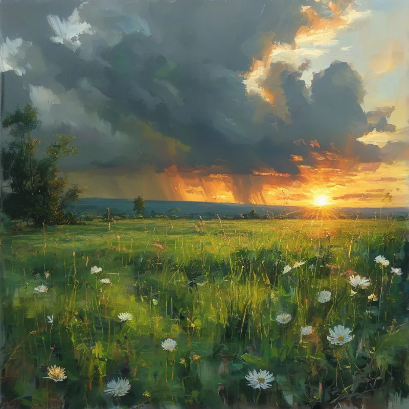 White daisies and other wildflowers grow in a green meadow as the sun sets behind dark rolling storm clouds casting warm light.