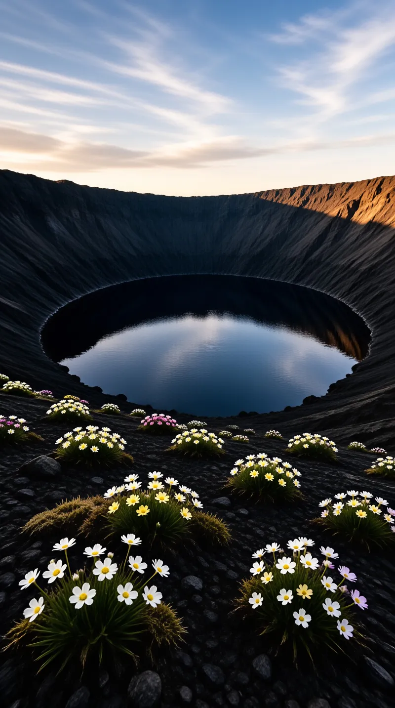 A dark volcanic crater holds a calm lake while bright wildflowers grow on the black slopes in the foreground.