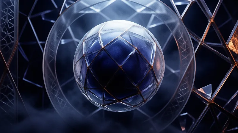 A faceted blue crystal sphere sits inside a metallic geometric ring against a dark background with copper accents.