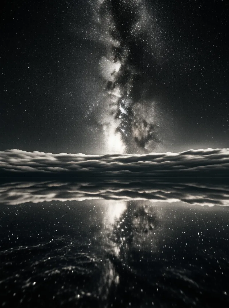 Black and white view of the galaxy reflecting perfectly in the water beneath the clouds.