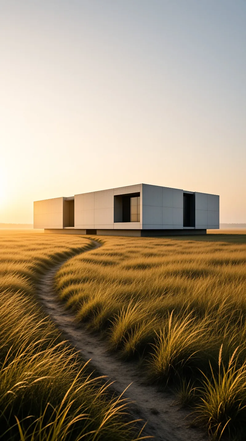 A low rectangular dwelling with deep window openings sits beyond a winding footpath through sunlit coastal grass.